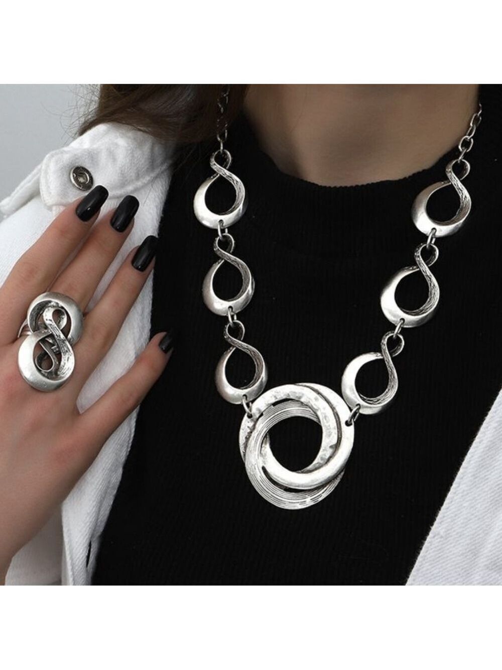 Bohemian Design Silver Necklace and Ring Statement